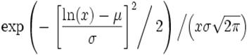 \exp\left(-\left.\left[\frac{\ln(x)-\mu}{\sigma}\right]^2\right/2\right) \left/ \left(x\sigma\sqrt{2\pi}\right) \right.